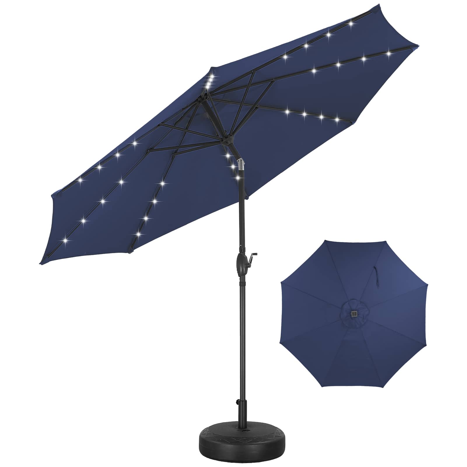 Ainfox - 10FT Solar Lighted Patio Umbrella LED Outdoor Umbrella with Tilt Crank for Backyard Garden Pool Beach with Base - navy blue