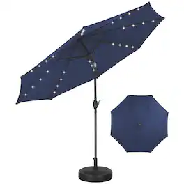 Ainfox - 10FT Solar Lighted Patio Umbrella LED Outdoor Umbrella with Tilt Crank for Backyard Garden Pool Beach with Base - navy blue