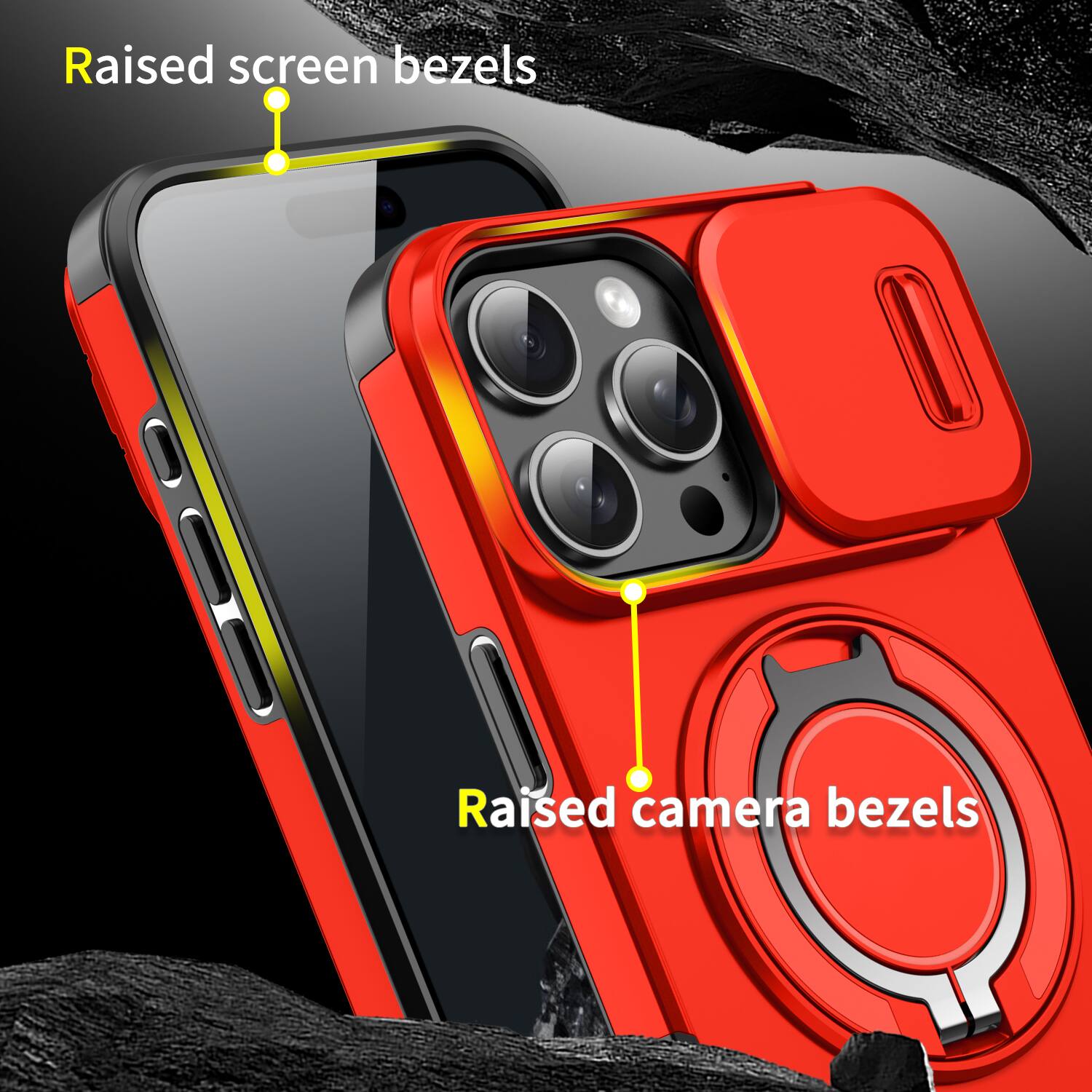 Raised screen bezels  
Raised camera bezels