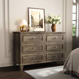 GARVEE - 6 Drawer Dresser, Wooden Storage Chest of Drawers with Exquisite Metal Handles, Large Wide Dresser TV Stand - Gray