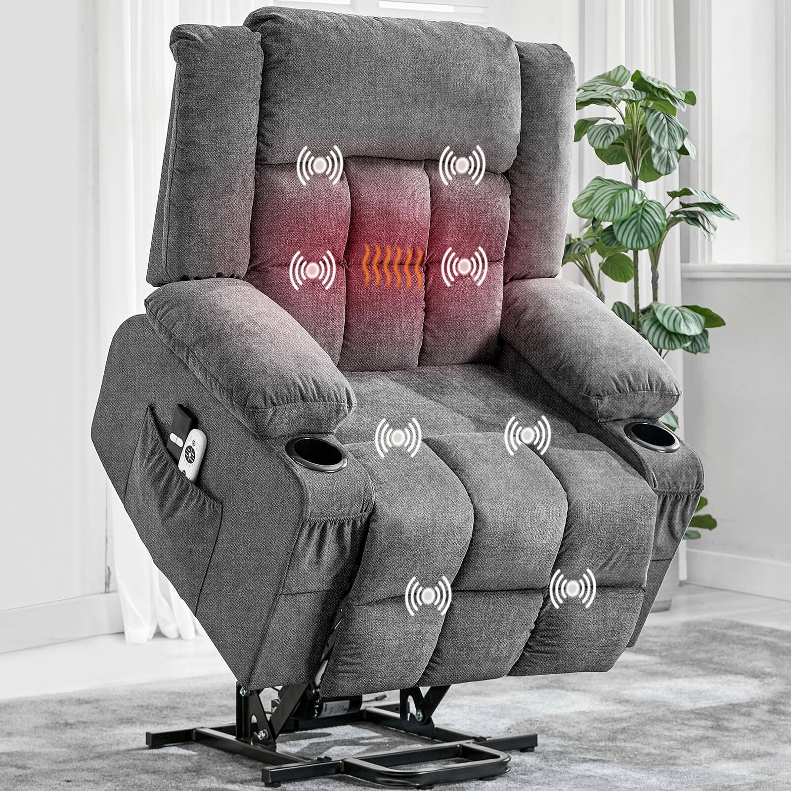 Jojoka - Power Lift Recliner Chair for Elderly with Heat, Massage, Cup Holders, USB Port & Side Pocket, Chenille Electric Sofa - Gray