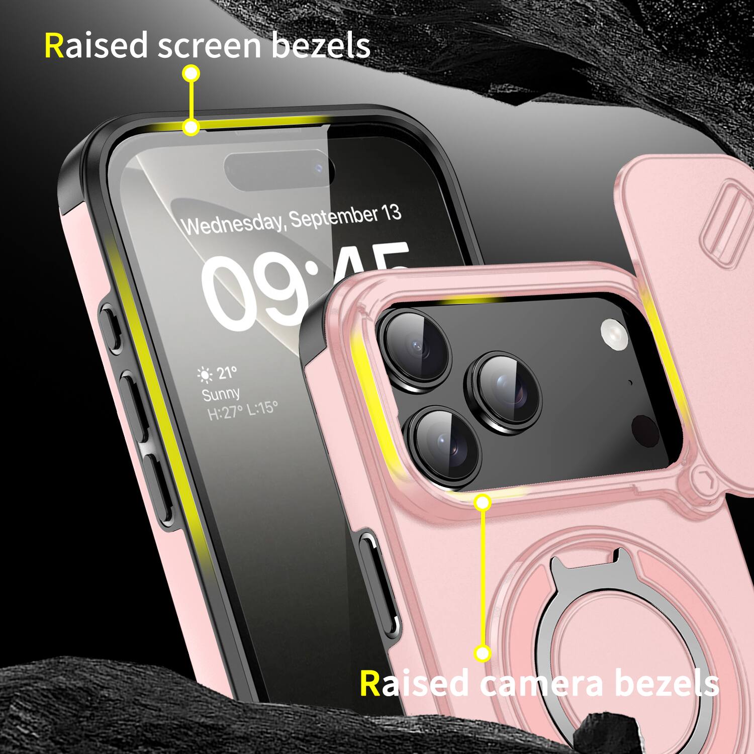 Raised screen bezels  
Wednesday, September 13  
09:45  
Sunny  
21°  
H: 27° L: 15°  

Raised camera bezels