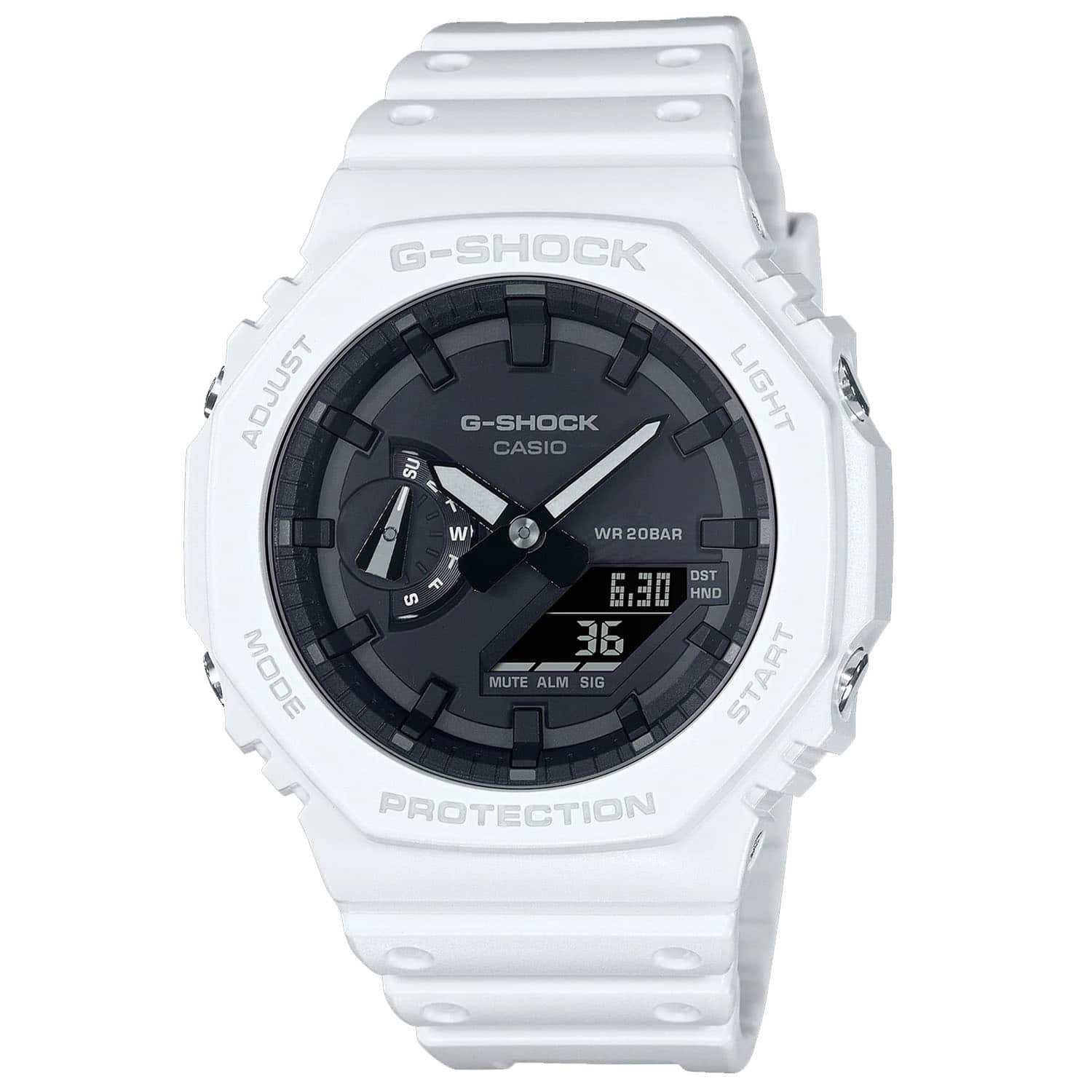 G-SHOCK  
LIGHT  
ADJUST  
WR 20BAR  
CASIO  
PROTECTION  
MODE  
MUTE ALM SIG  
START  
DST HND  
6:30  
36