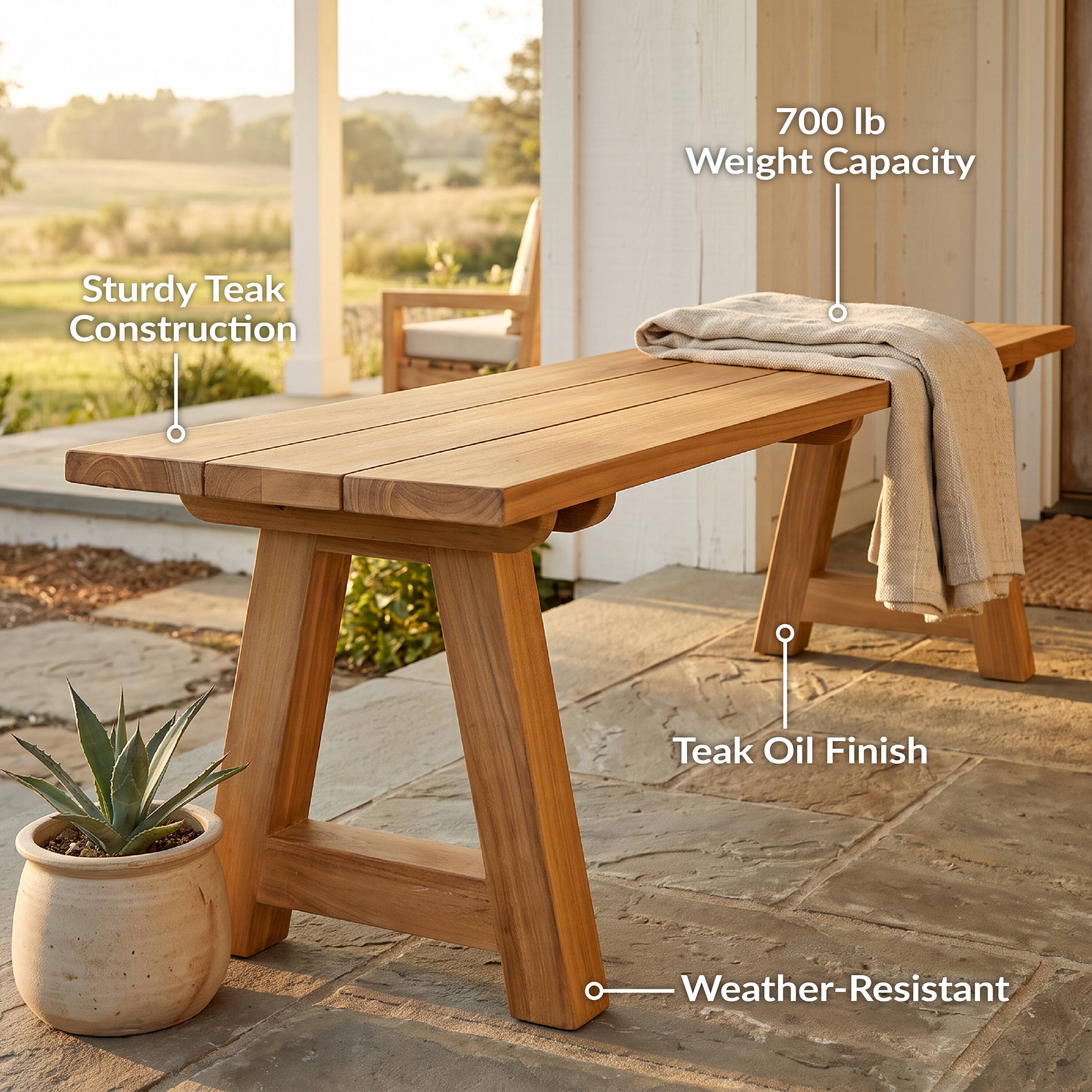 700 lb Weight Capacity  
Sturdy Teak Construction  
Teak Oil Finish  
Weather-Resistant