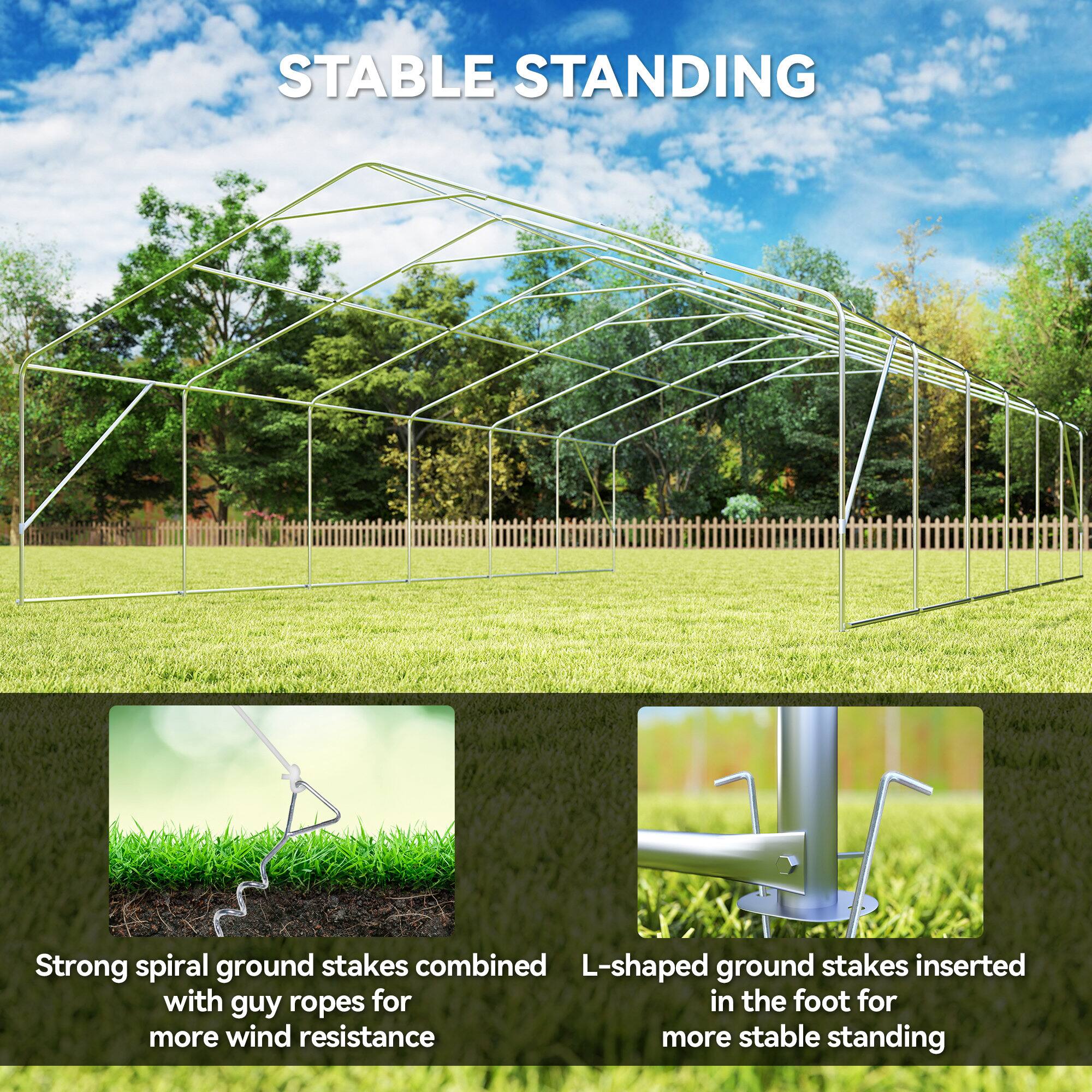 STABLE STANDING

Strong spiral ground stakes combined with guy ropes for more wind resistance

L-shaped ground stakes inserted in the foot for more stable standing