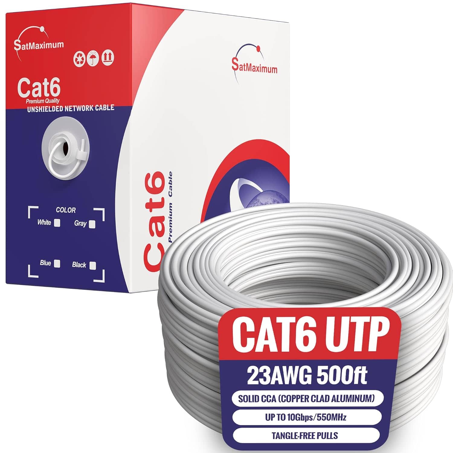 Cables Direct Online - CAT6 Cable 500ft Pull Box Solid Ethernet LAN UTP Cable 23AWG 550Mhz Network CCA Copper Clad Aluminum Wire Bulk White