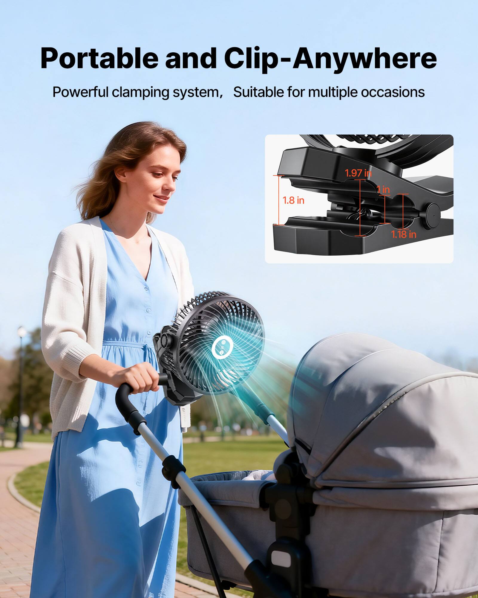 Portable and Clip-Anywhere  
Powerful clamping system, Suitable for multiple occasions  

1.97 in  
1.8 in  
1 in  
1.18 in