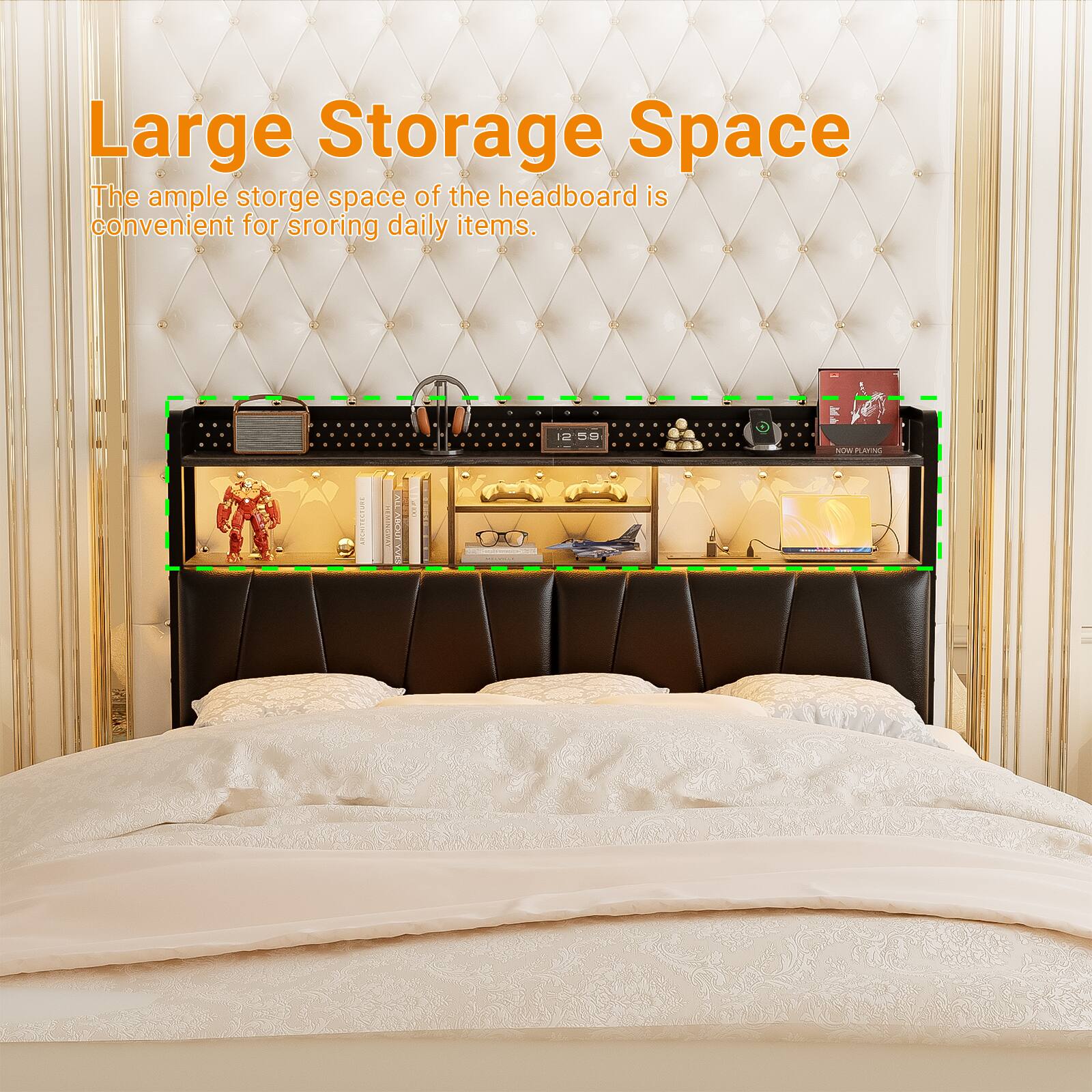 Large Storage Space  
The ample storage space of the headboard is convenient for storing daily items.