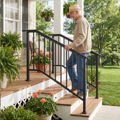 Alt View 6. Winado - Handrails 4-Step with Straight End, Wrought Iron Stair Railing for Concrete Indoor Outdoor Steps Fits Garden Porch - Black.