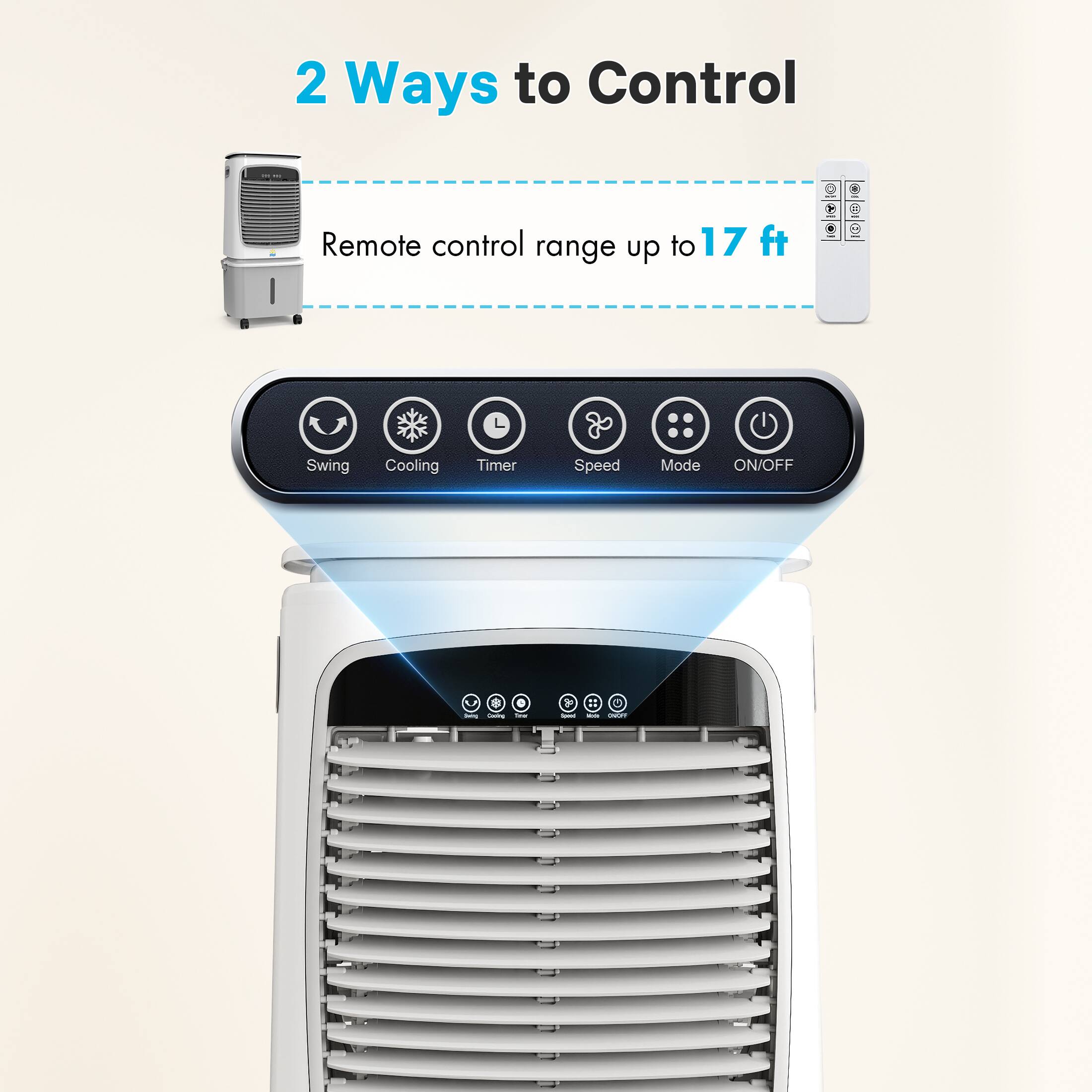 2 Ways to Control

Remote control range up to 17 ft

Swing Cooling Timer Speed Mode ON/OFF