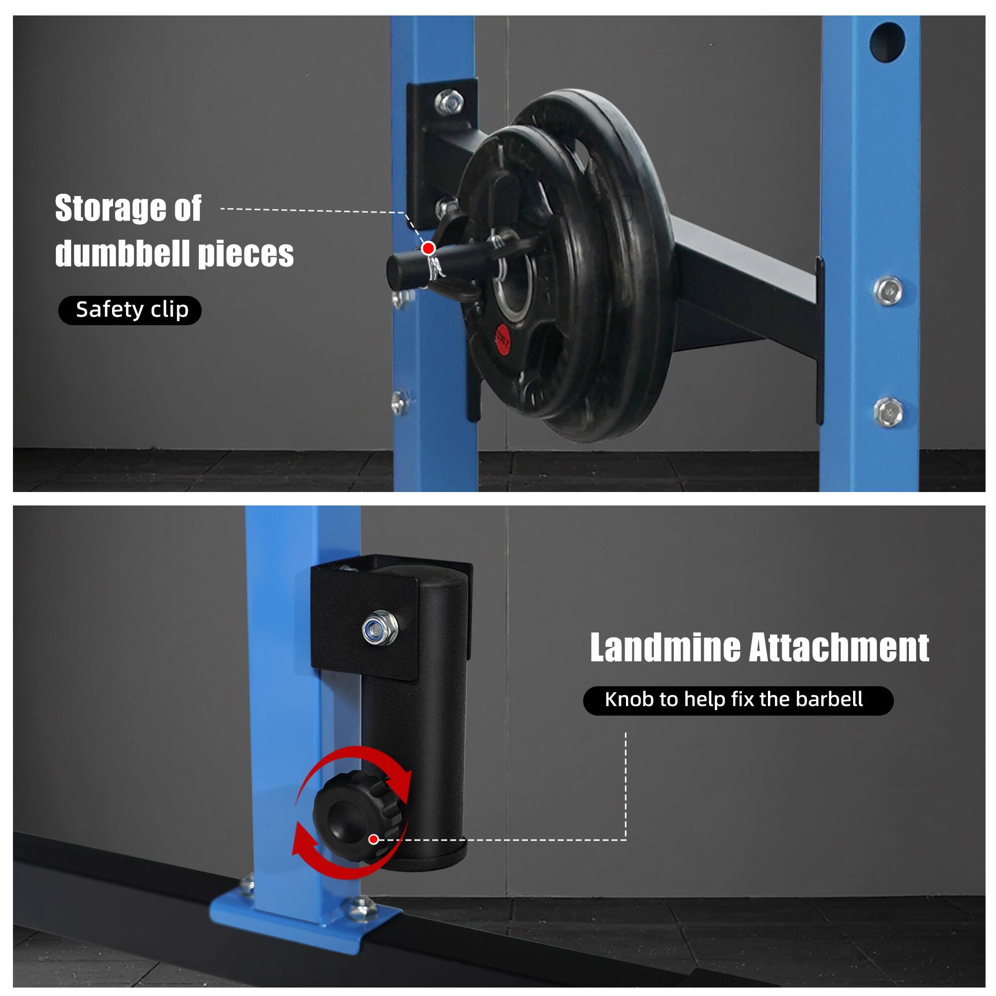 Storage of dumbbell pieces  
Safety clip  

Landmine Attachment  
Knob to help fix the barbell