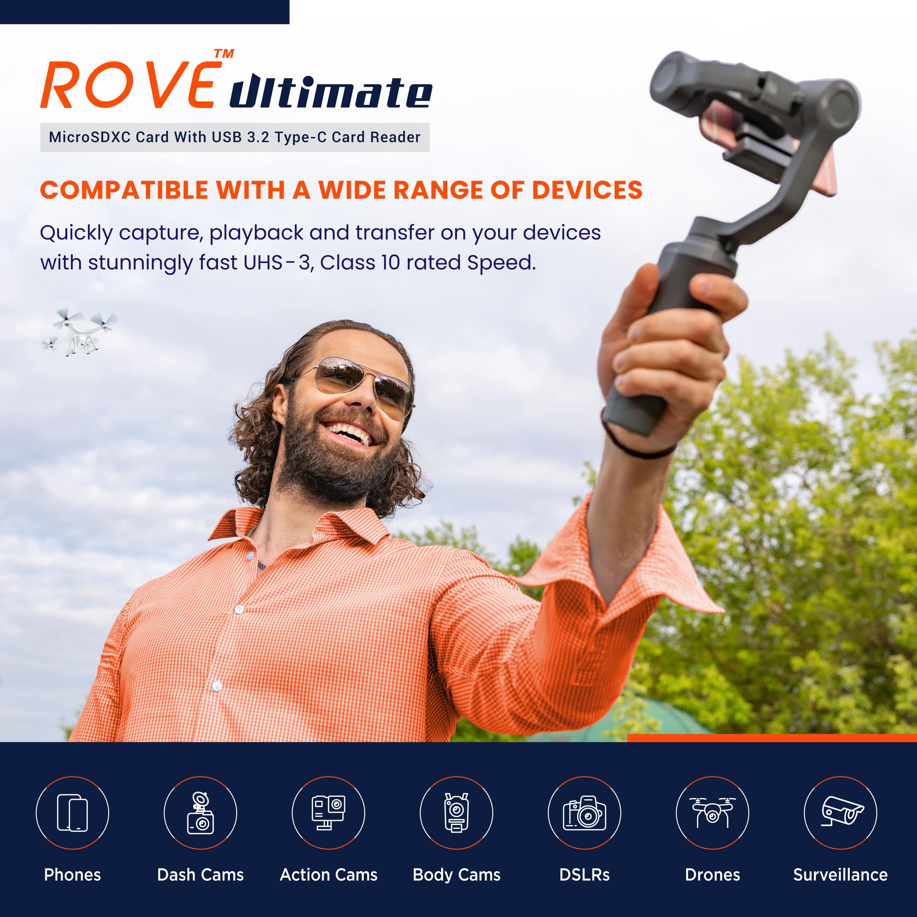 ROVE™ Ultimate  
MicroSDXC Card With USB 3.2 Type-C Card Reader  

COMPATIBLE WITH A WIDE RANGE OF DEVICES  
Quickly capture, playback and transfer on your devices with stunningly fast UHS-3, Class 10 rated Speed.  

Phones  
Dash Cams  
Action Cams  
Body Cams  
DSLRs  
Drones  
Surveillance