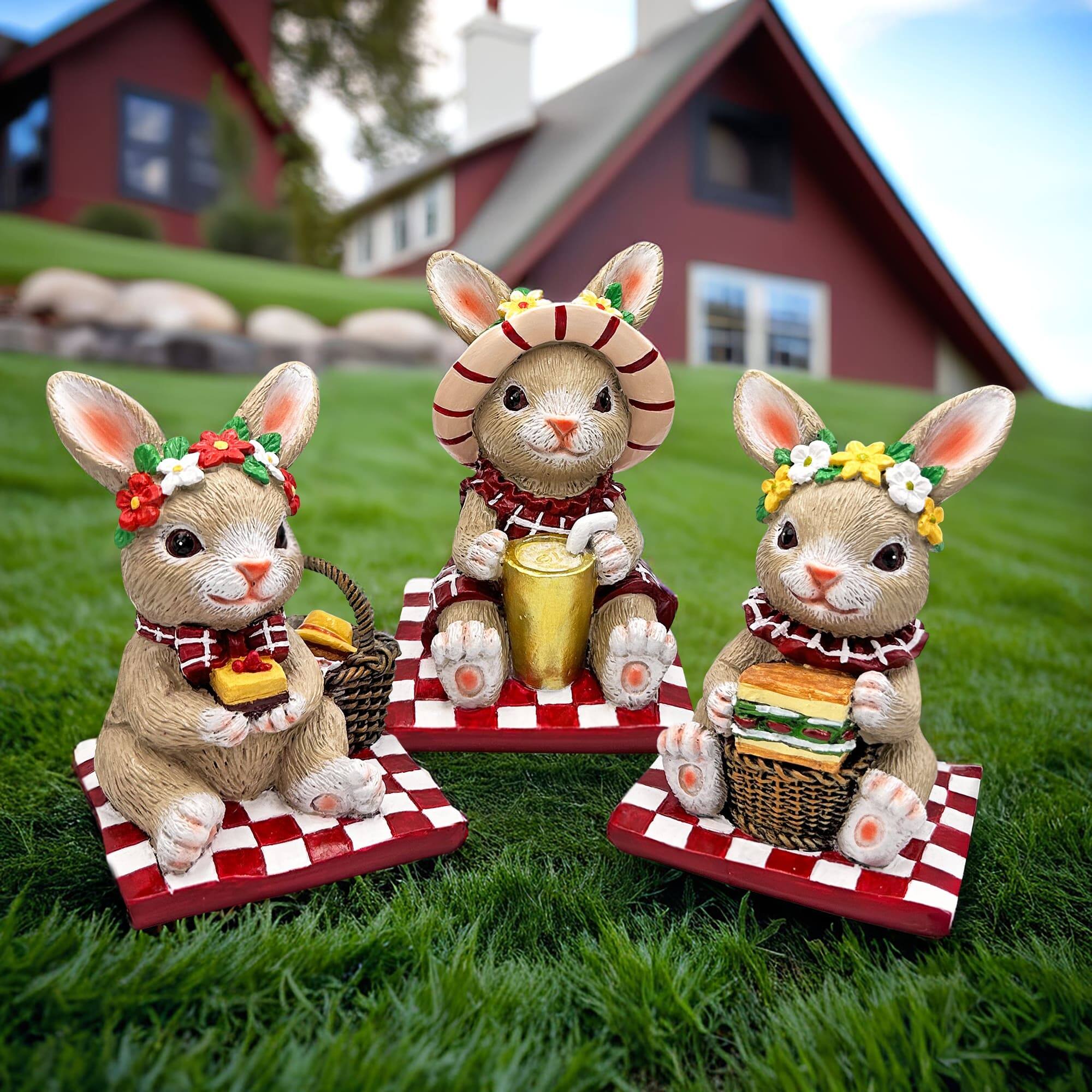 Alt View 1. OrnamentallyYou - Joyful Picnic Gathering Bunny Trio Set of Three Figurines, Spring Rabbit Statue 4.5" Decor - Multicolored.