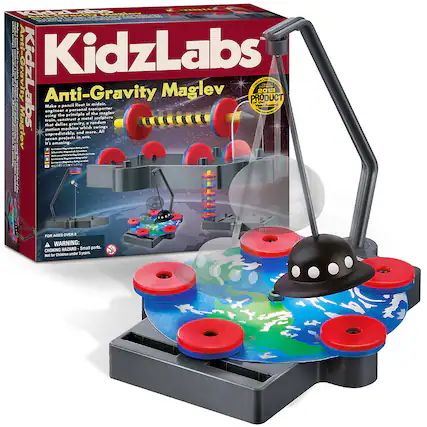 KidzLabs Anti-Gravity Maglev PRODUCT 2013 ad d Make pencil float in mid-air using the principle of constructing a metal sculpture train that defies gravity. Random Maslov unpredictably. Amazing projects machine More - and in which ane mere swings All - a - - S ANETm AOm - AGES OVER 10 FOR A WARNING: HAZARD Small parts. CHOKING for Children under 1 year old.