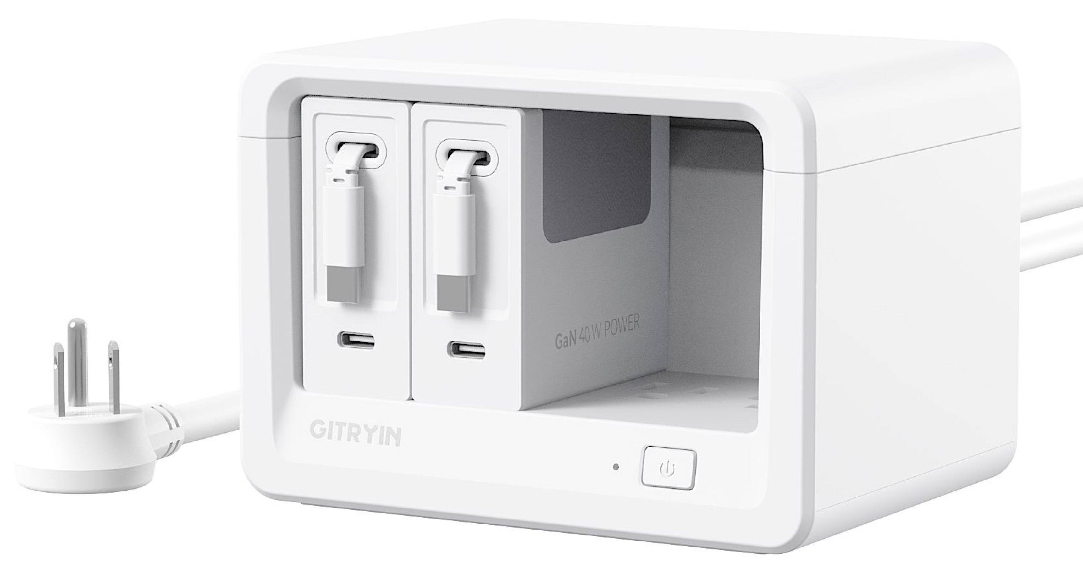 Gitryin - Desktop Charging Station+ 2 USB-C Retractable Charger, 40W, 31.5-Inch flat Cable, 8 AC White - White