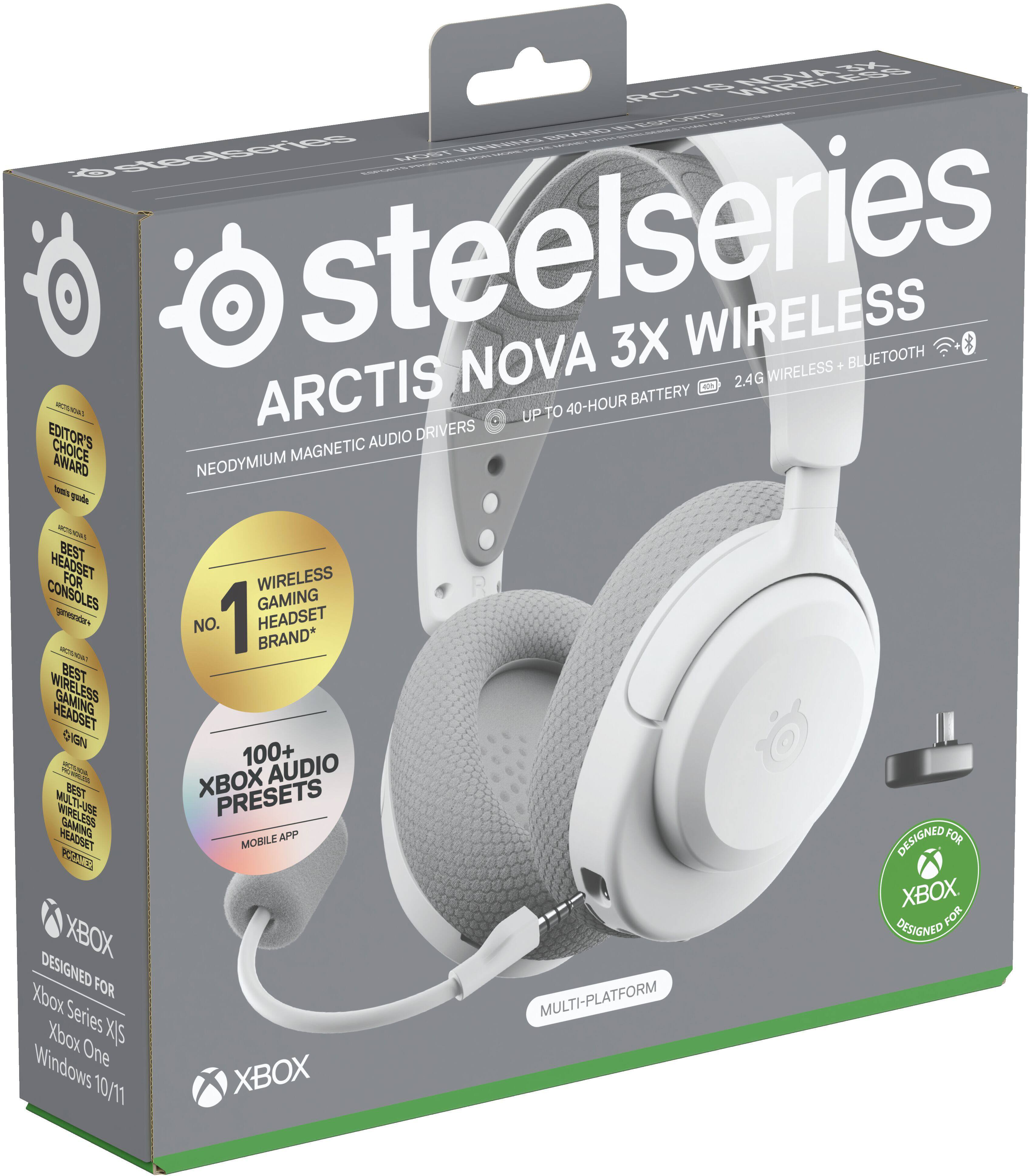 Sure, here is the corrected and grouped text from the image:

---

**SteelSeries**

**ARCTIS NOVA 3X WIRELESS**

- **NEODYMIUM MAGNETIC AUDIO DRIVERS**
- **UP TO 40-HOUR BATTERY**
- **2.4G WIRELESS + BLUETOOTH**

**EDITOR'S CHOICE MAGNETIC AWARD**

**BEST HEADSET FOR CONSOLES**

**BEST WIRELESS HEADSET**

**MULTI-PLATFORM**

**DESIGNED FOR XBOX**

**Xbox Series X/S**

**Xbox One**

**Windows 10/11**

**100+ XBOX AUDIO PRESETS**

**MOBILE APP**

**MULTI-PLATFORM**

**WIRELESS GAMING HEADSET**

**NO. 1 GAMING HEADSET BRAND***

**DESIGNED FOR XBOX**

---

*Note: The asterisk (*) typically indicates a footnote or disclaimer, which is not visible in the image.