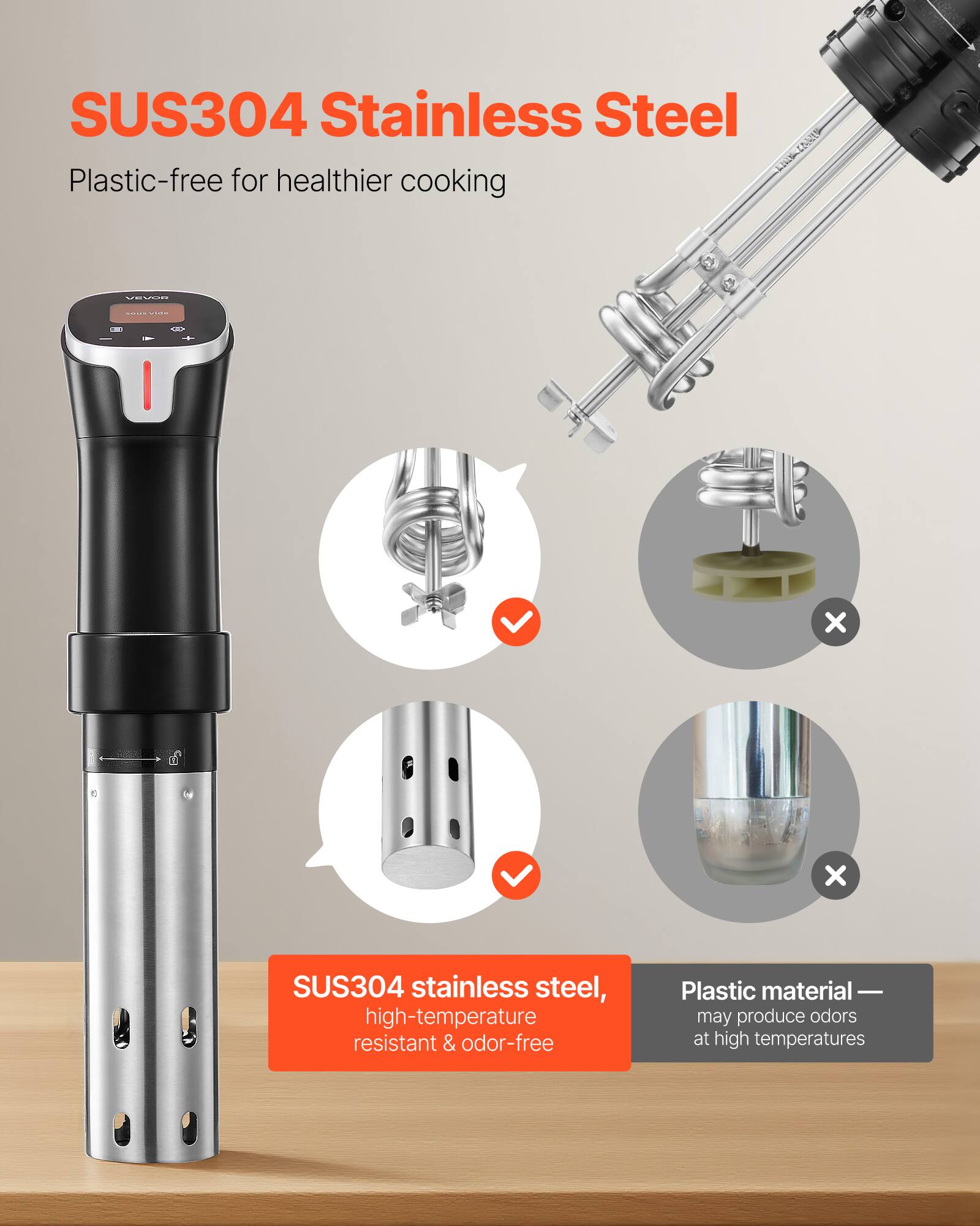 SUS304 Stainless Steel Plastic-free for healthier cooking

- SUS304 stainless steel, high-temperature resistant & odor-free
- Plastic material may produce odors at high temperatures