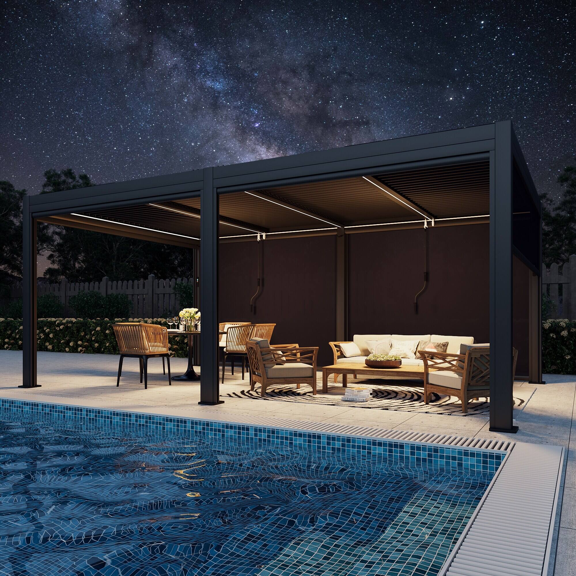 Left. U-HOMY - 12'x20' Outdoor Aluminum Louvered Pergola Gazebo with Adjustable Rainproof Roof and Pull-Down Privacy Screen - Grey.