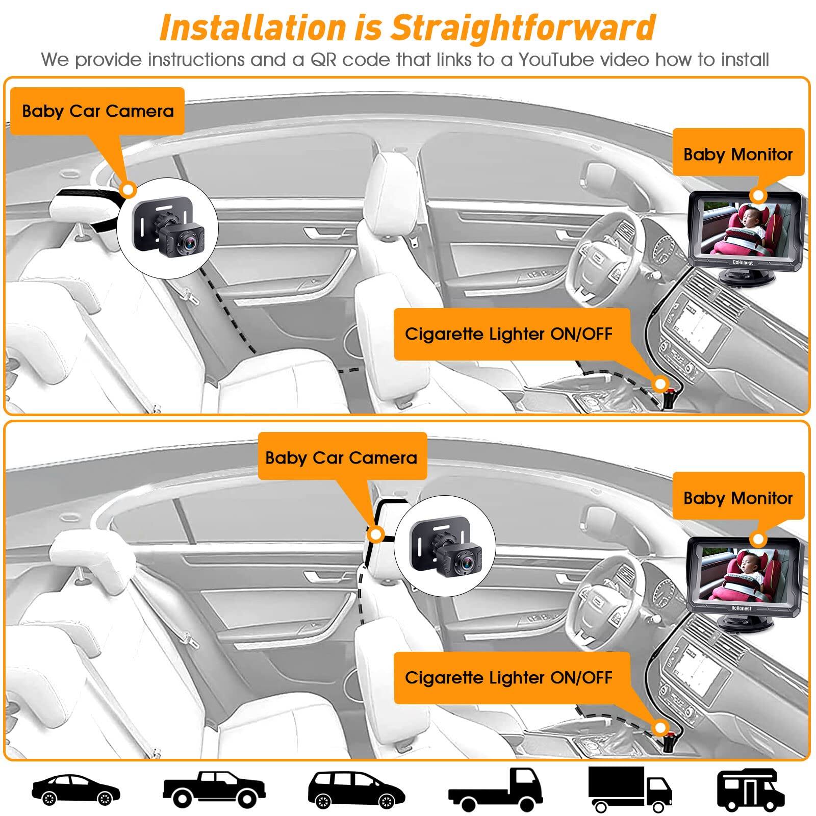 Installation is Straightforward  
We provide instructions and a QR code that links to a YouTube video how to install  

Baby Car Camera  
Cigarette Lighter ON/OFF  
Baby Monitor  

Baby Car Camera  
Cigarette Lighter ON/OFF  
Baby Monitor