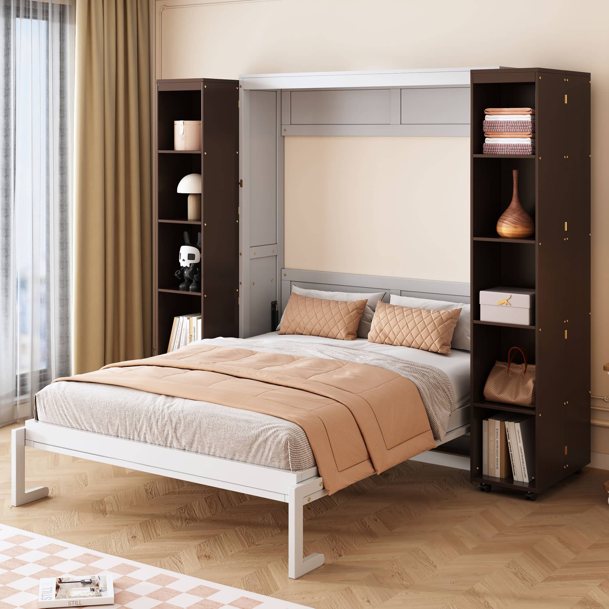Anysun - Queen Murphy Bed Wall Bed with Storage Doors - Brown