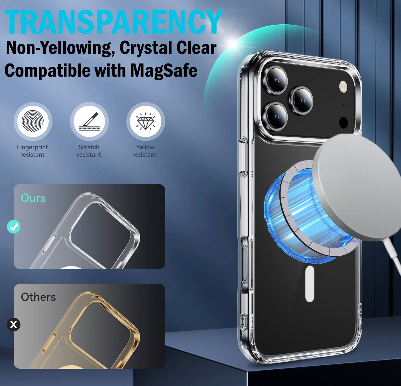 TRANSPARENCY  
Non-Yellowing, Crystal Clear  
Compatible with MagSafe  

Fingerprint resistant  
Scratch resistant  
Yellow resistant  

Ours  
Others