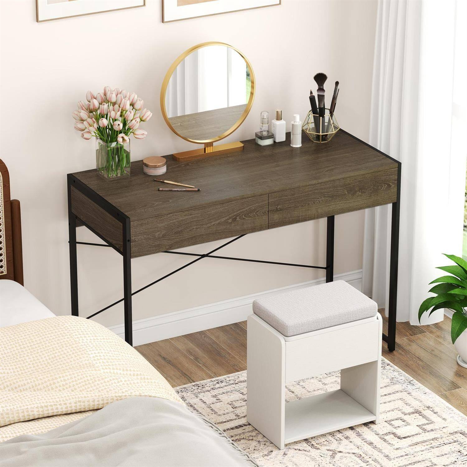 Back. Pefilos - 44 Inch Computer Desk - X-Shaped Bracket Smooth Slides, Metal Frame 2 Drawers, Oak - Brown.