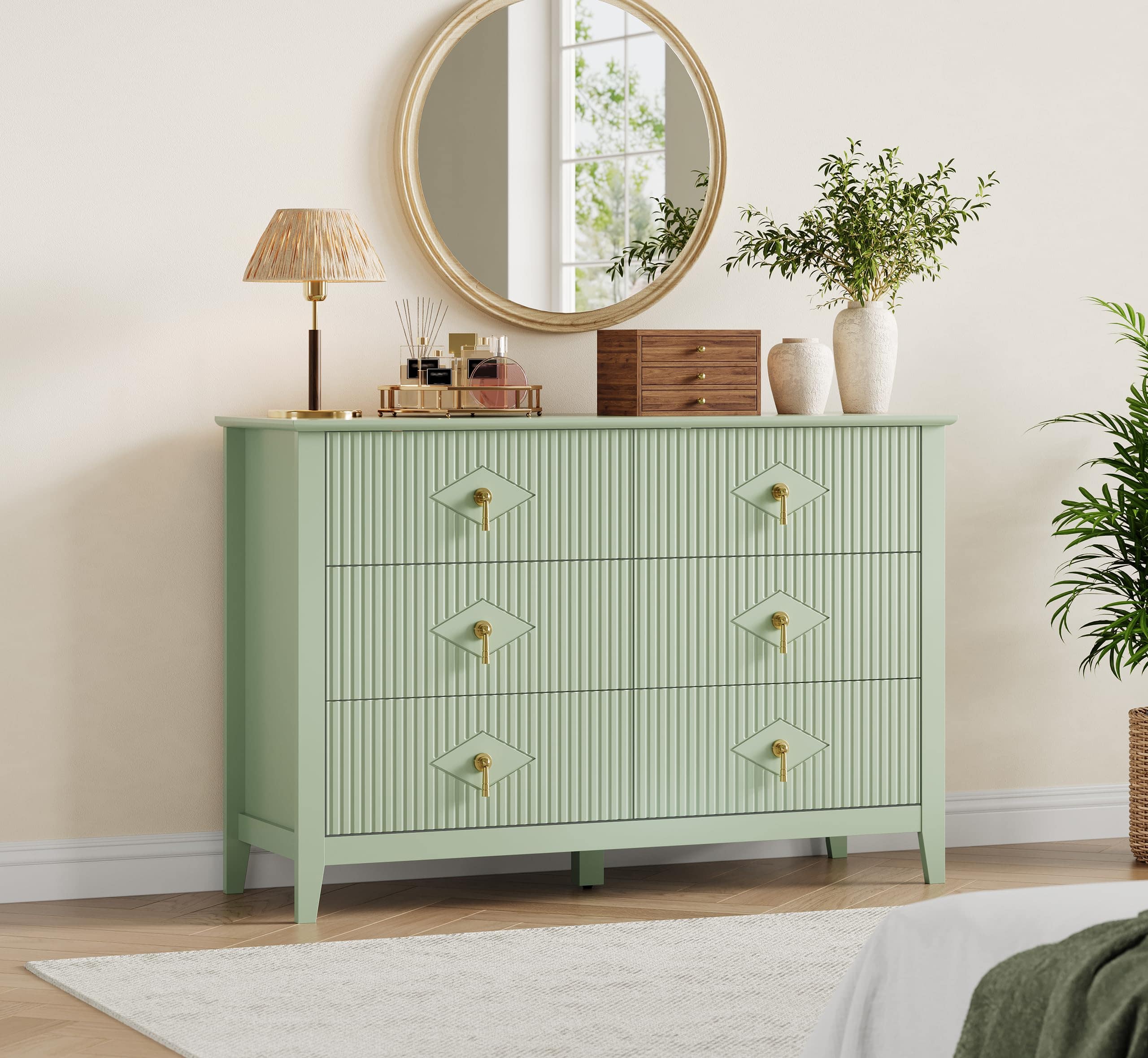 Acekool - Dresser for Bedroom with 6 Drawers, 48" Wide Modern Chest of Drawers with Metal Handle, Wood Drawer Organizer - Green