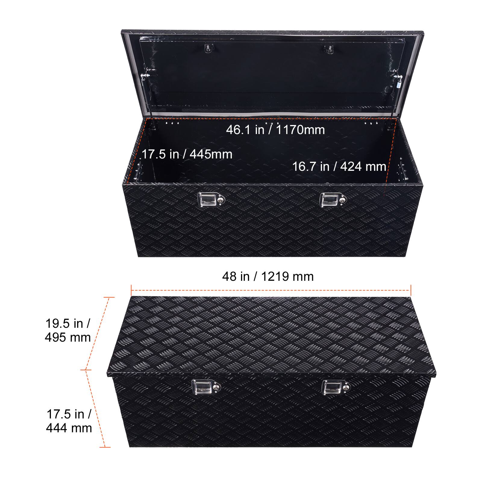 46.1 in / 1170 mm  
17.5 in / 445 mm  
16.7 in / 424 mm  

48 in / 1219 mm  
19.5 in / 495 mm  
17.5 in / 444 mm