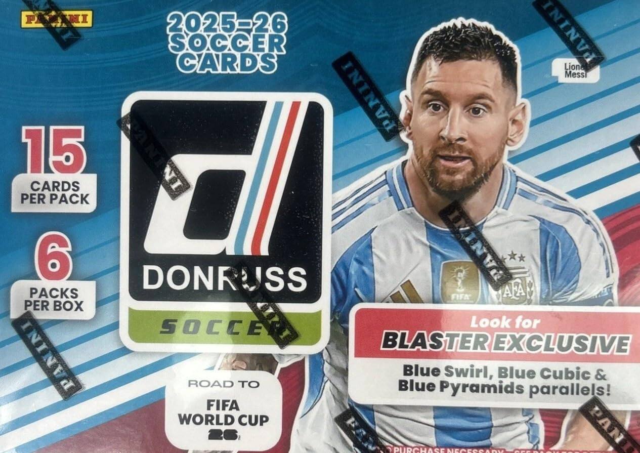 PANINI 2025-26 SOCCER CARDS  
PANINI Lionel Messi  
PANINI 15 CARDS PER PACK  
PANINI 6 PACKS PER BOX  
FIFA WORLD CUP 26  
Look for EXCLUSIVE BLASTER Blue Swirl, Blue Cubic & Blue Pyramids parallels!