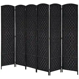 Homcom - Divider 6 Panel, 6FT Tall Folding Privacy Screen, Freestanding Hand-Woven Partition for Room Separation with 360° Hinges - Black