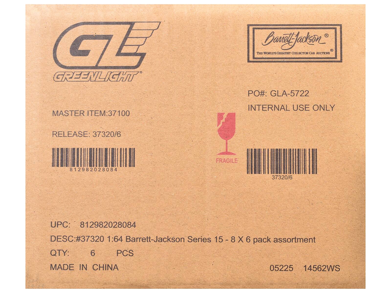 GE GREENLIGHT  
MASTER ITEM: 37100  
RELEASE: 37320/6  

Barrett-Jackson  
The World's Greatest Collector Car Auctions  

PO#: GLA-5722  
INTERNAL USE ONLY  

FRAGILE  

UPC: 812982028084  
DESC#: 37320 1:64 Barrett-Jackson Series 15 - 8 X 6 pack assortment  
QTY: 6 PCS  
MADE IN CHINA  

05225 14562WS