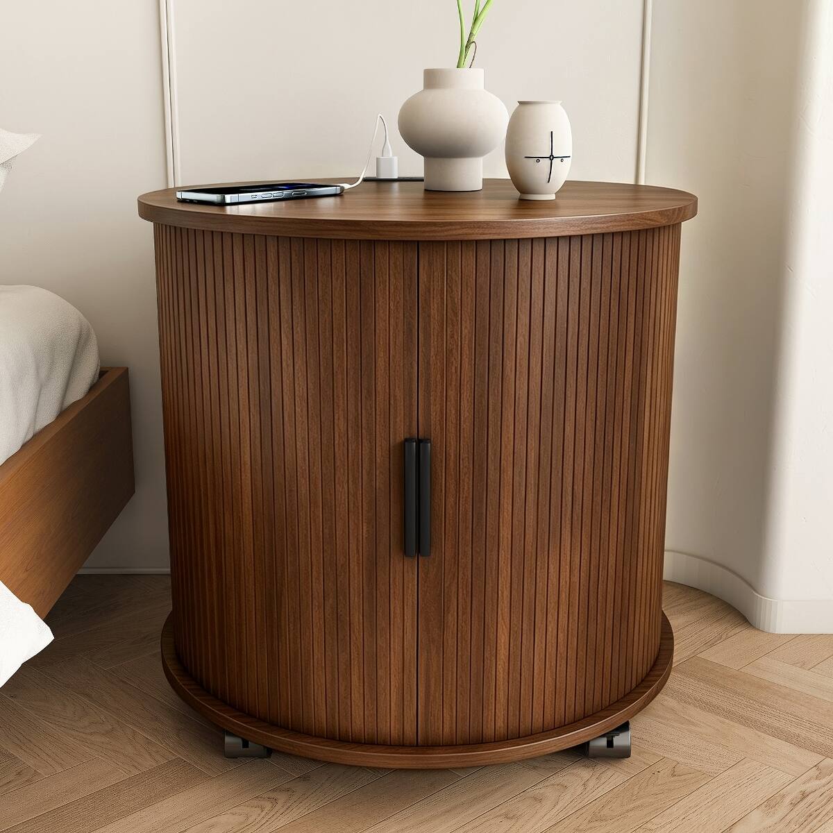Front. Loheer - Loheer Cylinder Nightstand with Built-In Charging Station, Walnut Finish and Sliding Door - Walnut.