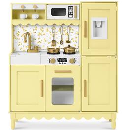 Best Choice Products - Wooden Cottage Kids Pretend Play Kitchen with 11 Accessories, Espresso Machine - Butter