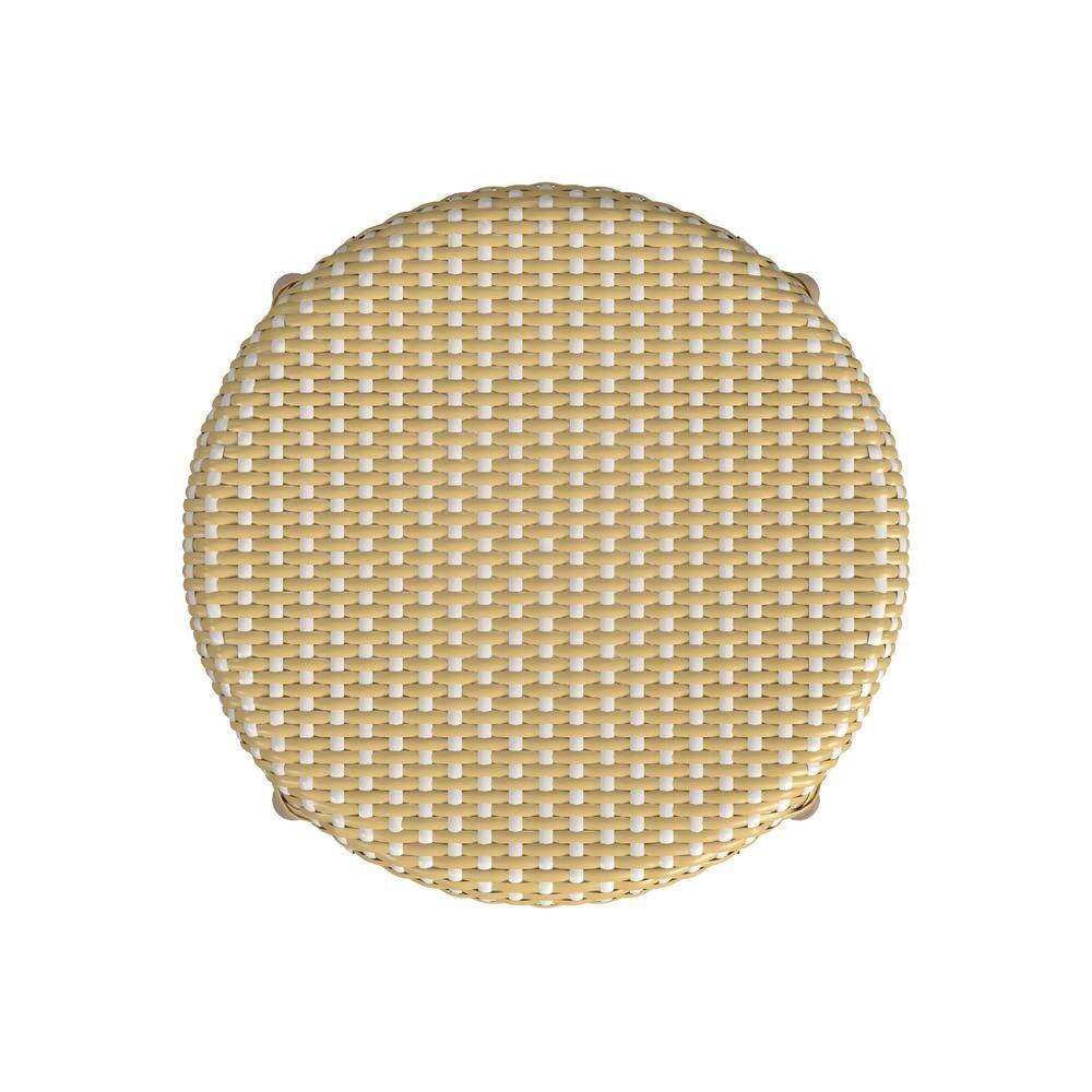 Angle. Butler Specialty - Tobias Rattan Round 24" Counter Stool - Yellow And White Dot.