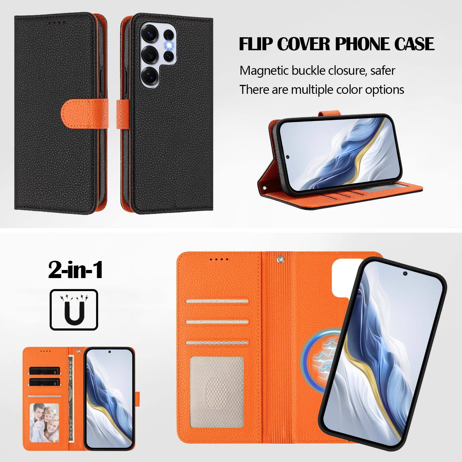 FLIP COVER PHONE CASE  
Magnetic buckle closure, safer  
There are multiple color options  

2-in-1