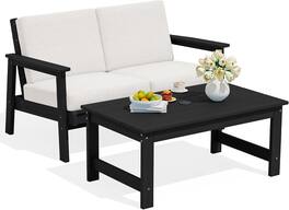 SERWALL - HDPE Outdoor Furniture Set, 2 Piece Outdoor Sofa Set, Havy-duty Weatherproof HDPE Frame with Wood-Like Texture - Black/Khaki