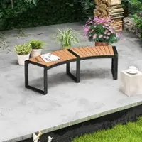 Costway Backless 2-Person Patio Curved Bench with Slatted Seat & Metal Legs Oil Painted - Yellow, Black - Front_Zoom