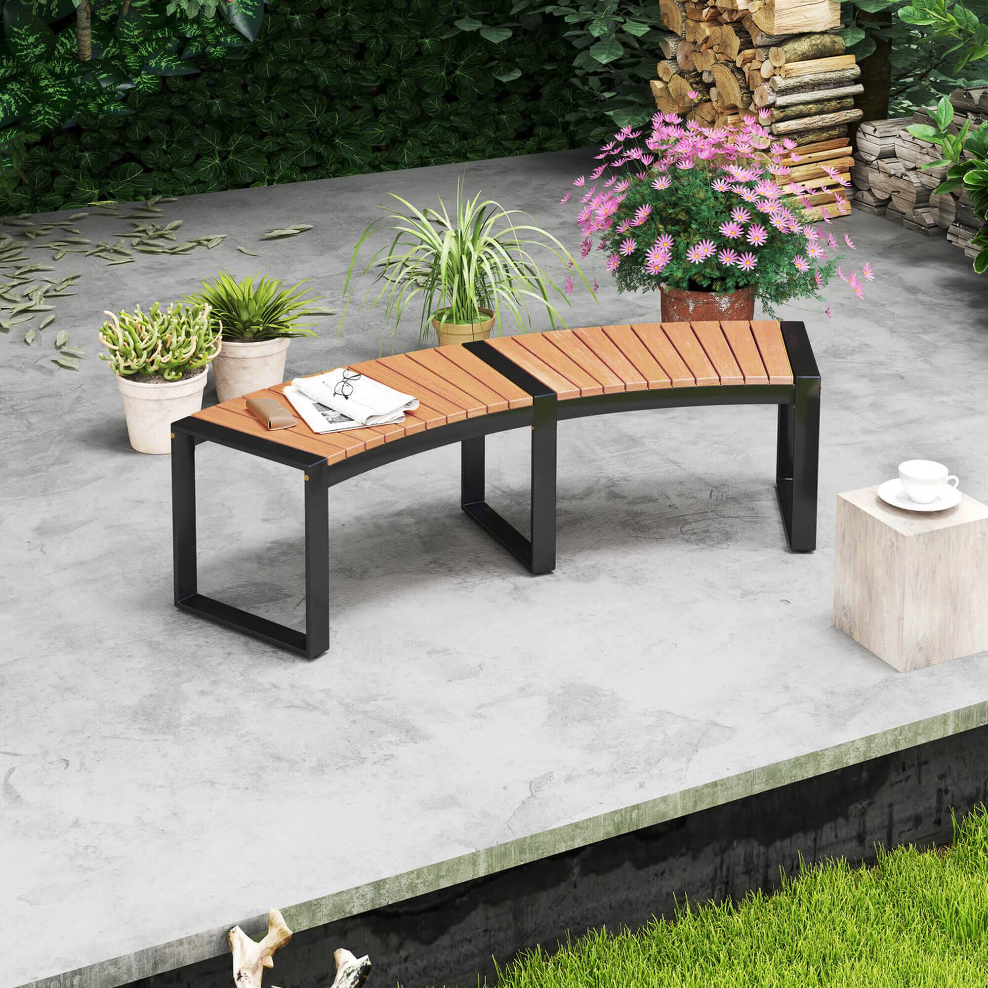 Alt View 1. Costway - Backless 2-Person Patio Curved Bench with Slatted Seat & Metal Legs Oil Painted - Yellow, Black.