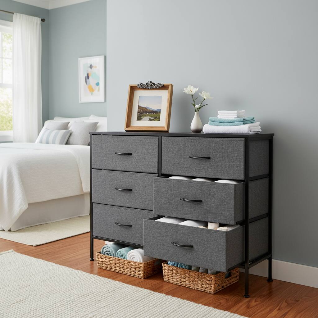 Alt View 5. AOITUN - Wide 6-Drawer Fabric Dresser, Gray Horizontal Storage Chest with Wood Top, Closet Organizer for Bedroom - Gray.