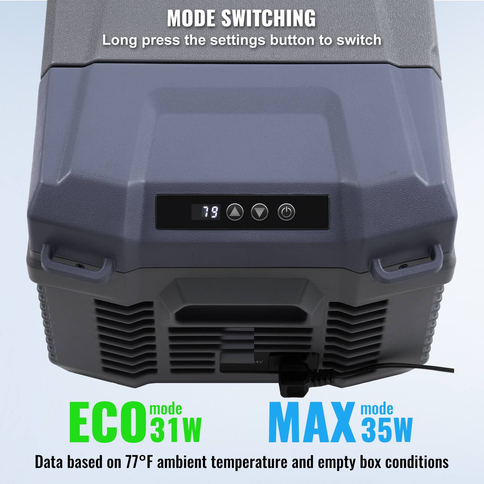 MODE SWITCHING
Long press the settings button to switch
ECO mode 31W
MAX mode 35W
Data based on 77°F ambient temperature and empty box conditions