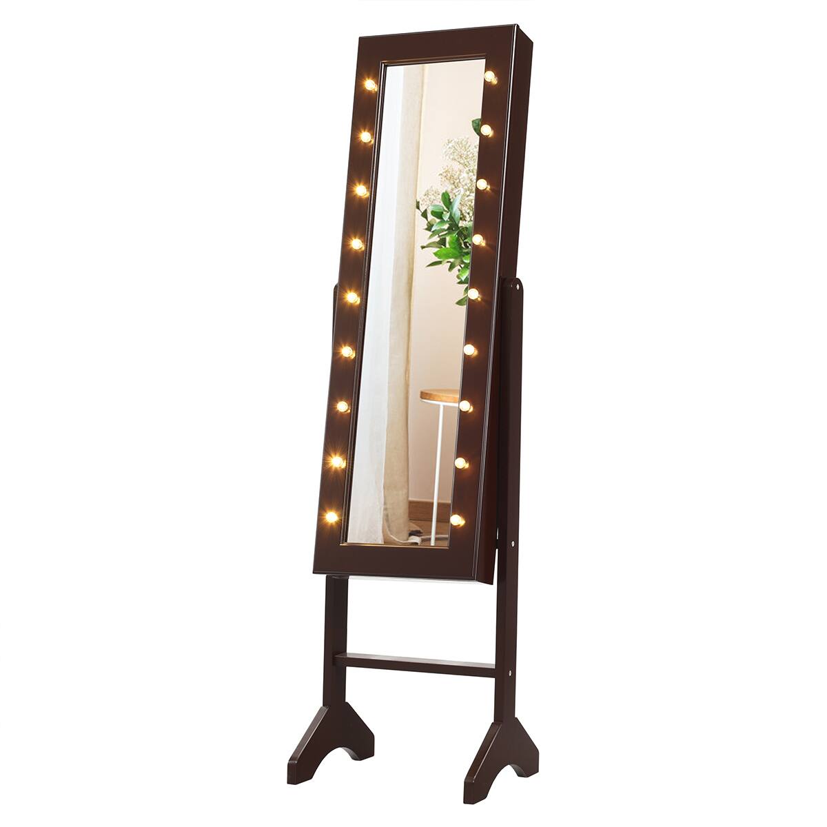 Alt View 1. Gymax - Gymax Full Length Mirror Jewelry Organizer Vanity Box w/ 18 LED Lights Brown - Brown.