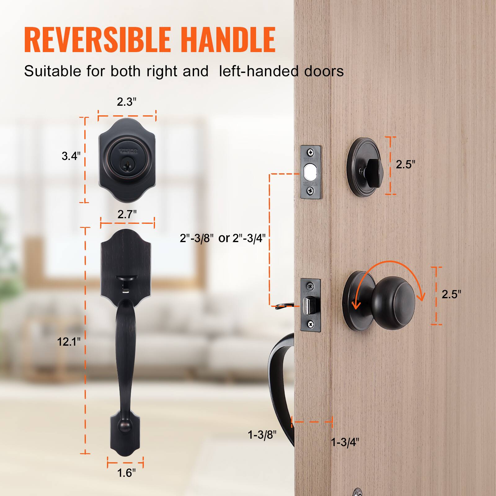 REVERSIBLE HANDLE Suitable for both right and left-handed doors

3.4"
2.3"
2.7"
2.5"
2"-3/8" or 2"-3/4"
12.1"
1-3/8"
1-3/4"
1.6"