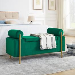 Ropilly - Velvet Storage Bench, Upholstered Ottoman with Cylindrical Arms and Gold Legs for Bedroom Hallway - Green