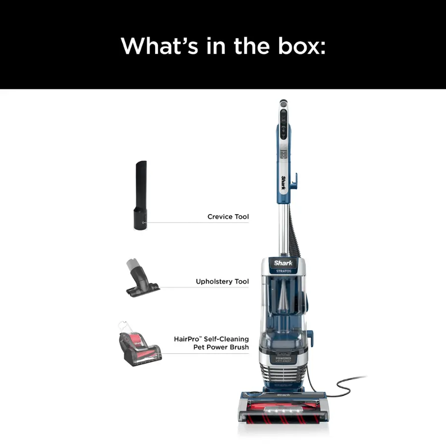 What's in the box: Shark Crevice Tool, Shark SIRATOS Upholstery Tool, Shark HairPro Self-Cleaning Pet Power Brush.