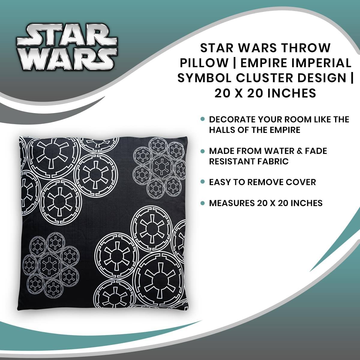 STAR WARS THROW PILLOW | EMPIRE IMPERIAL SYMBOL CLUSTER DESIGN | 20 X 20 INCHES

- DECORATE YOUR ROOM LIKE THE HALLS OF THE EMPIRE
- MADE FROM WATER & FADE RESISTANT FABRIC
- EASY TO REMOVE COVER
- MEASURES 20 X 20 INCHES