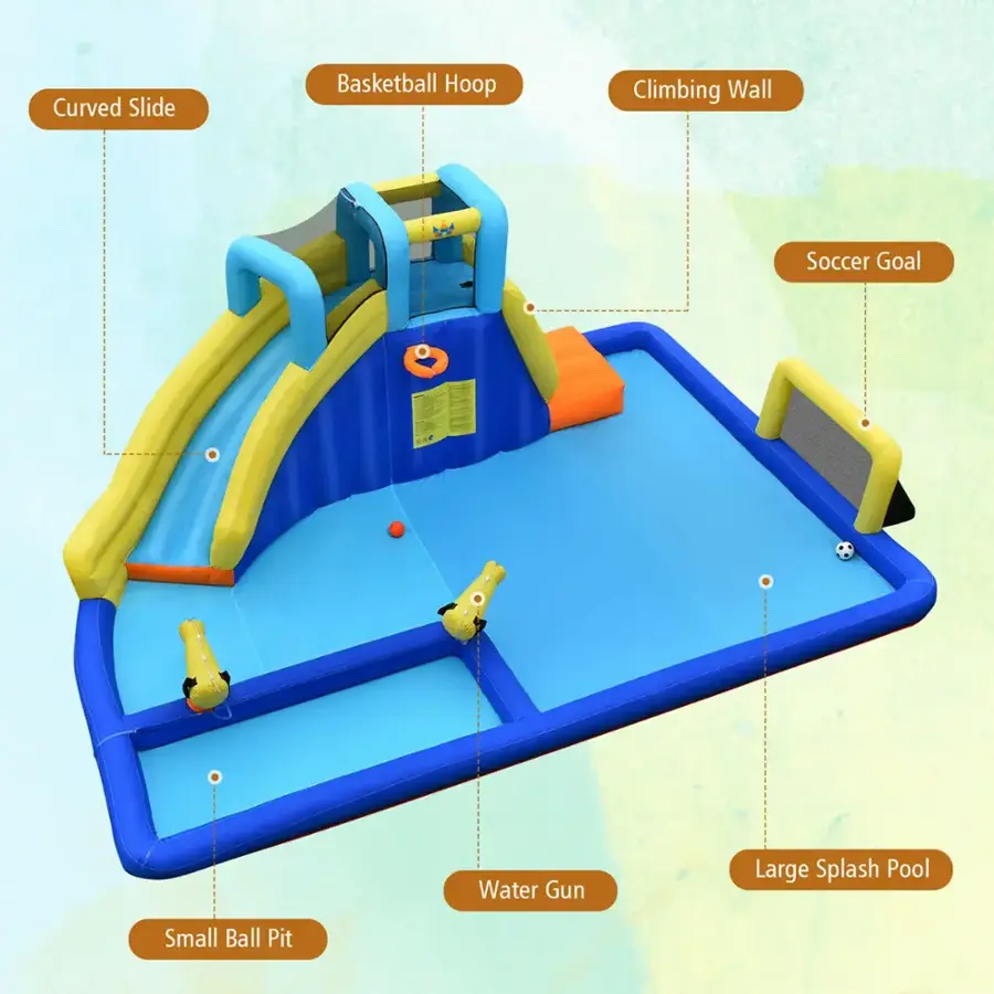 Curved Slide, Basketball Hoop, Climbing Wall, Soccer Goal, Water Gun, Large Splash Pool, Small Ball Pit.