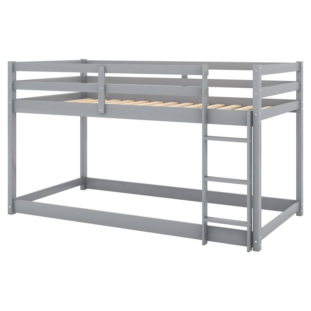 Alt View 8. Loheer - Loheer Twin Over Twin Floor Bunk Bed, Gray Solid Wood Low Bunk Bed with Ladder - Gray.