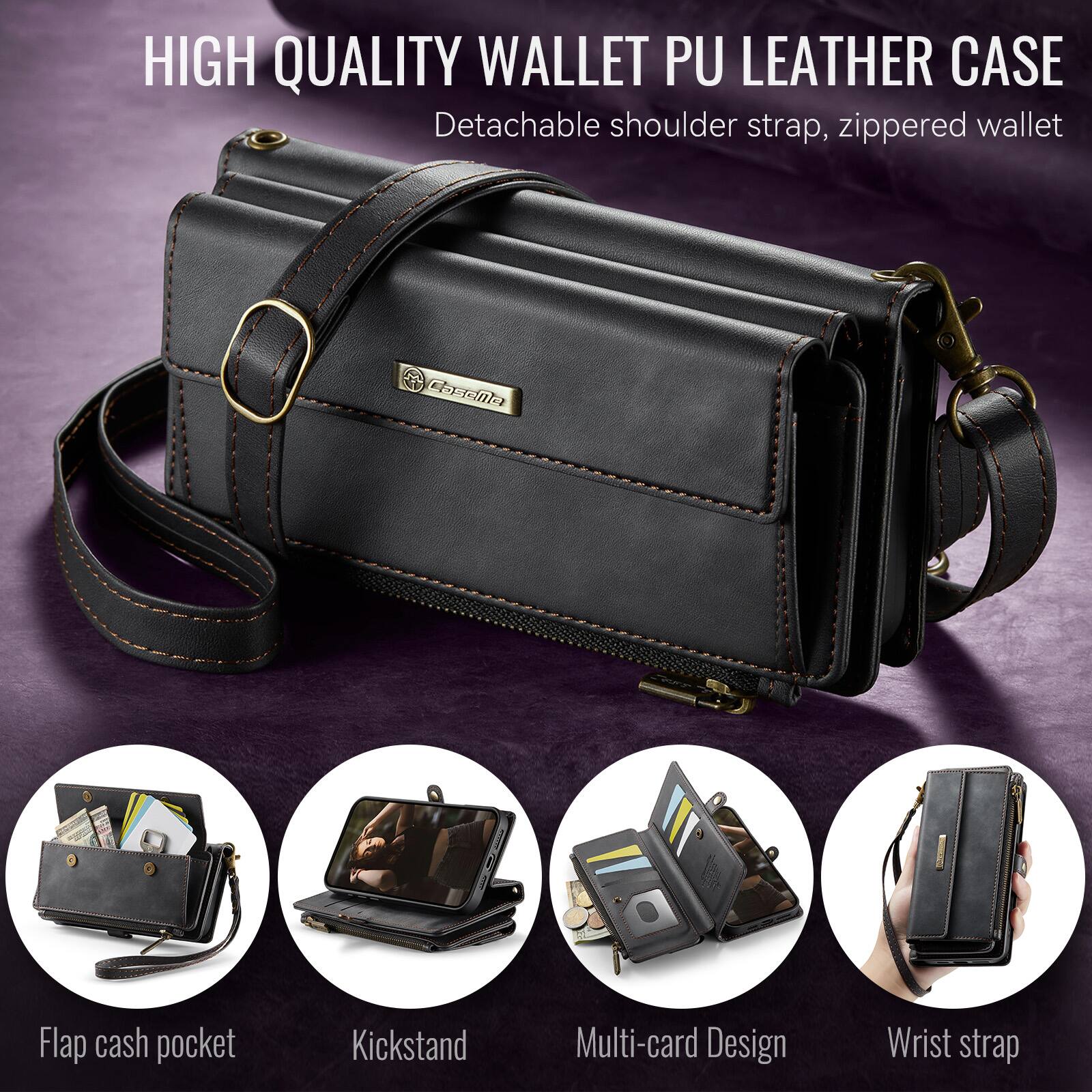 HIGH QUALITY WALLET PU LEATHER CASE  
Detachable shoulder strap, zippered wallet  

Flap cash pocket  
Kickstand  
Multi-card Design  
Wrist strap