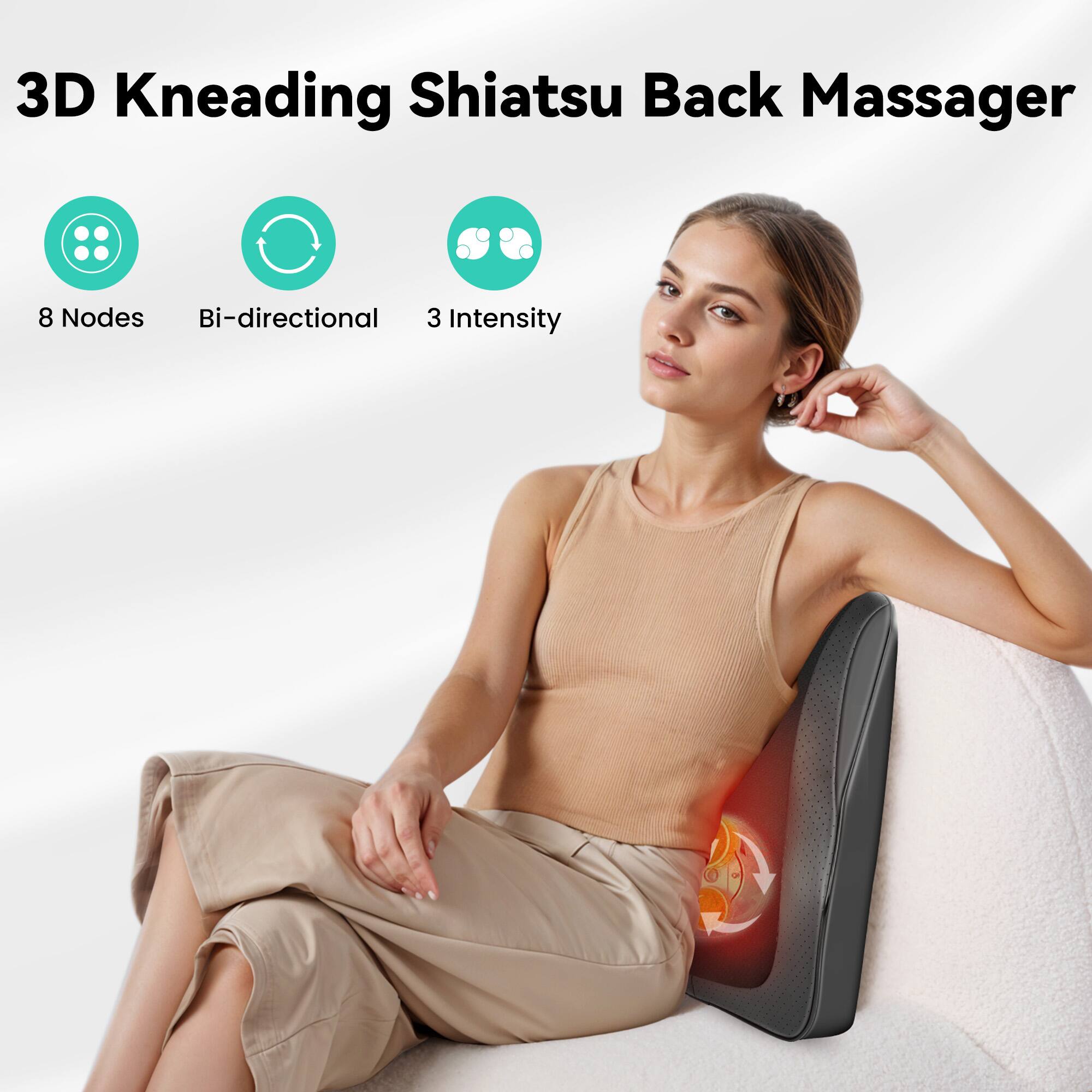 3D Kneading Shiatsu Back Massager 8 Nodes Bi-directional 3 Intensity