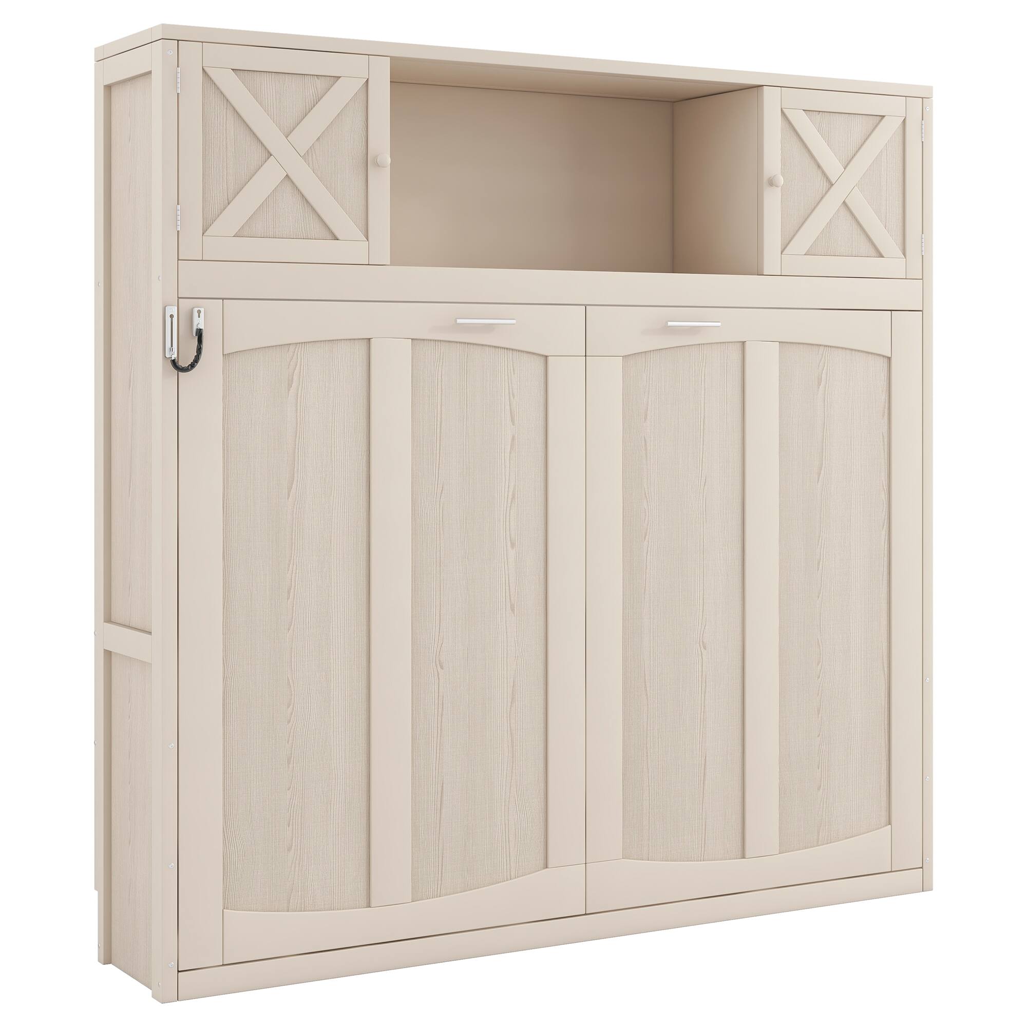 Alt View 2. Whisen - Full Size Murphy Bed with Integrated Storage Cabinets, Space-Saving Foldable Wall Bed Frame - Beige.